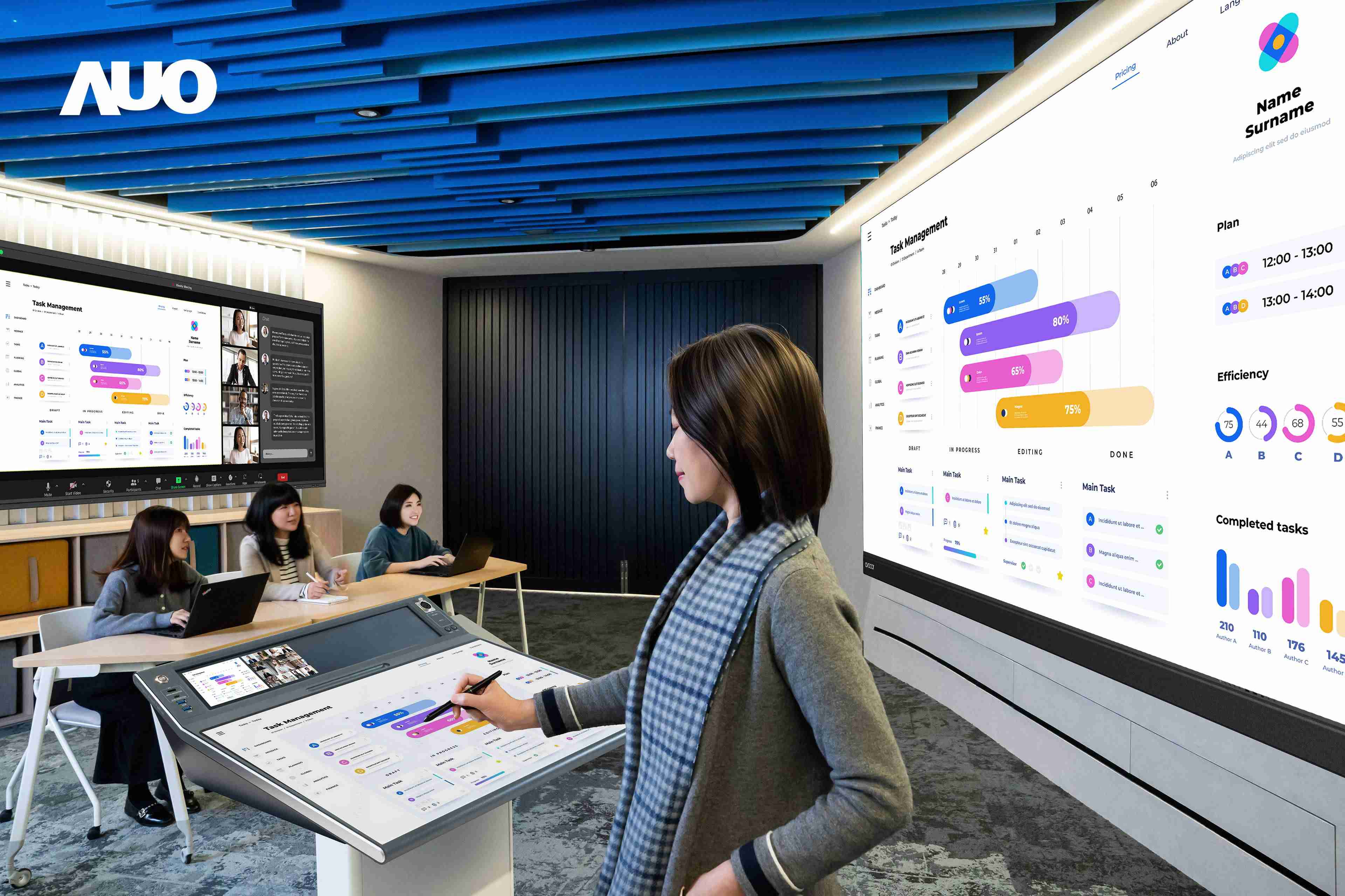 达擎携手Avocor与Rise Vision展示全方位商务领域应用，，，，包含采用模块化设计的138吋一体式All-in-One LED显示器及具21:9超宽比例的92吋交互式电子白板（IFPD），，，讲者可轻松分享内容，，有效提升会议协作效率。。。。